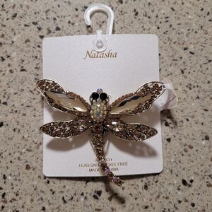 Natasha Dragonfly Brooch Gold Tone  4X 3” Nickel Free All Stones/Crystals Intact